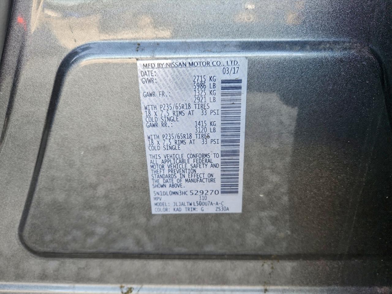 2017 Infiniti Qx60 VIN: 5N1DL0MN3HC529270 Lot: 94706015