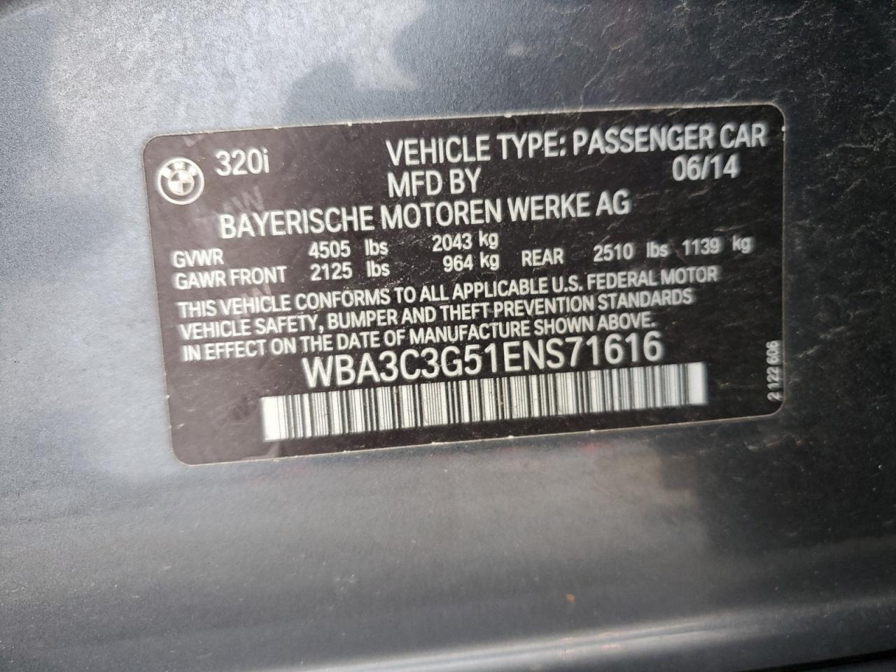 2014 BMW 320 I xDrive VIN: WBA3C3G51ENS71616 Lot: 92220595