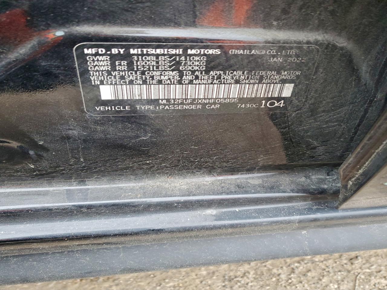 2022 Mitsubishi Mirage G4 Es VIN: ML32FUFJXNHF05895 Lot: 91919555