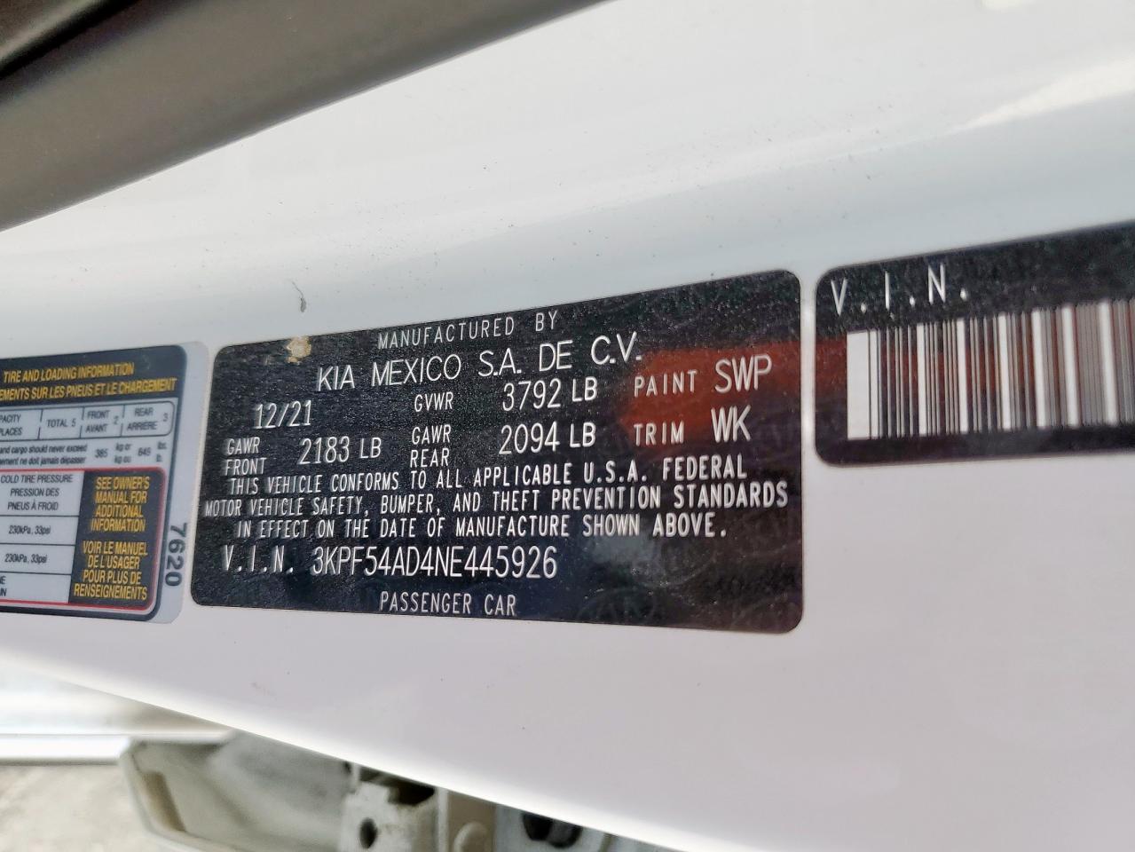 2022 Kia Forte Gt Line VIN: 3KPF54AD4NE445926 Lot: 93136805