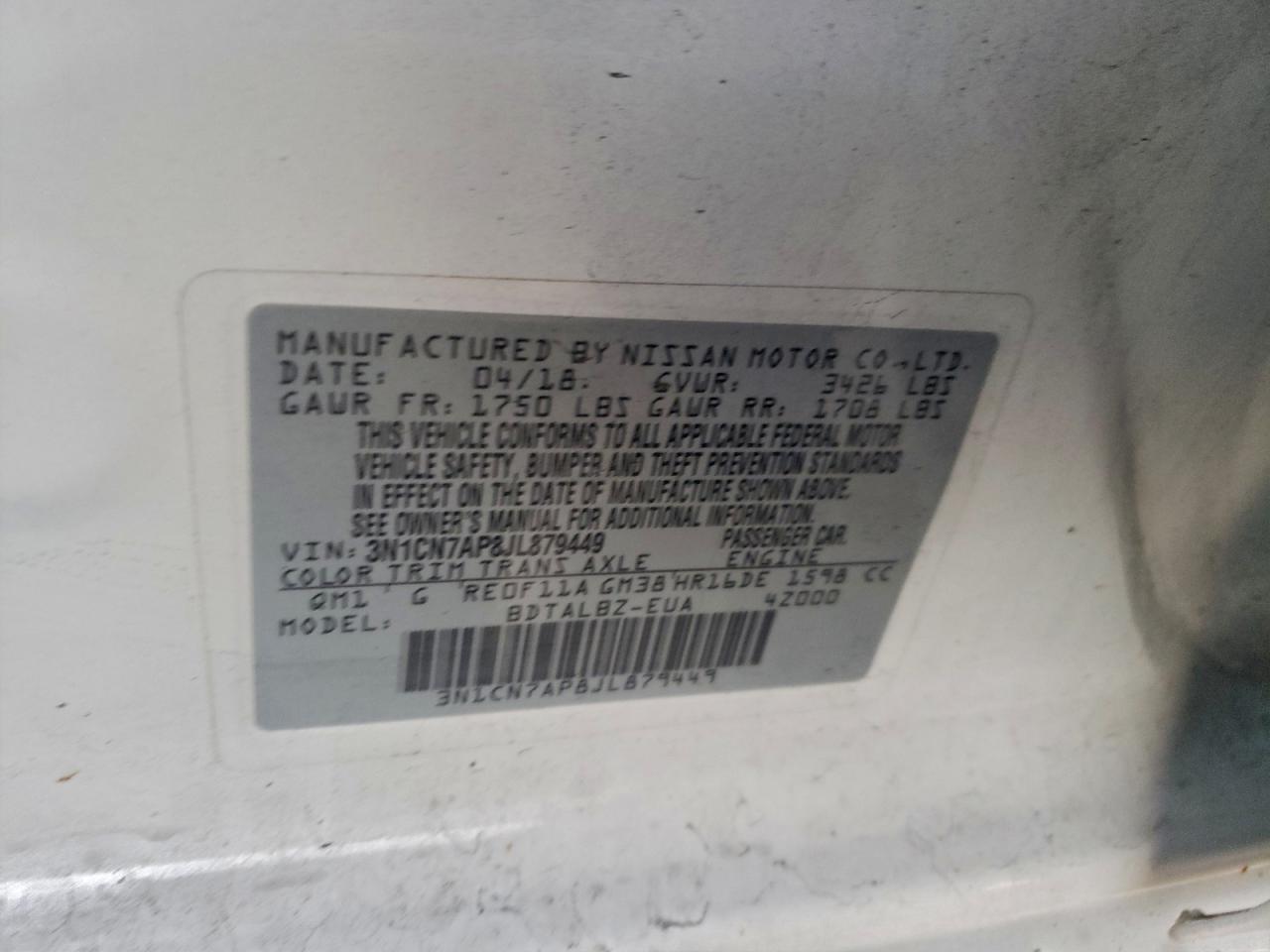 2018 Nissan Versa S VIN: 3N1CN7AP8JL879449 Lot: 94278895