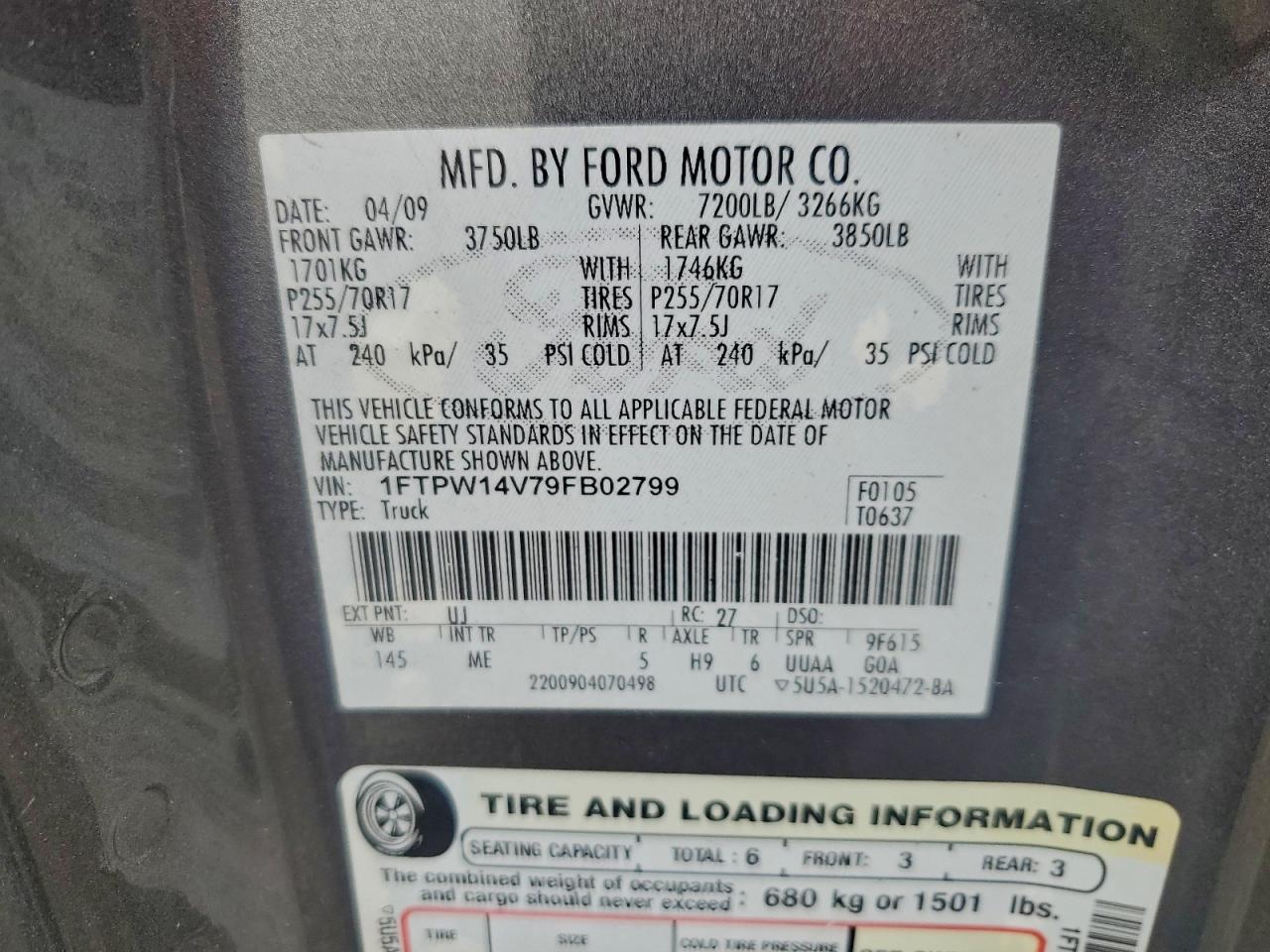 2009 Ford F150 Supercrew VIN: 1FTPW14V79FB02799 Lot: 94254795