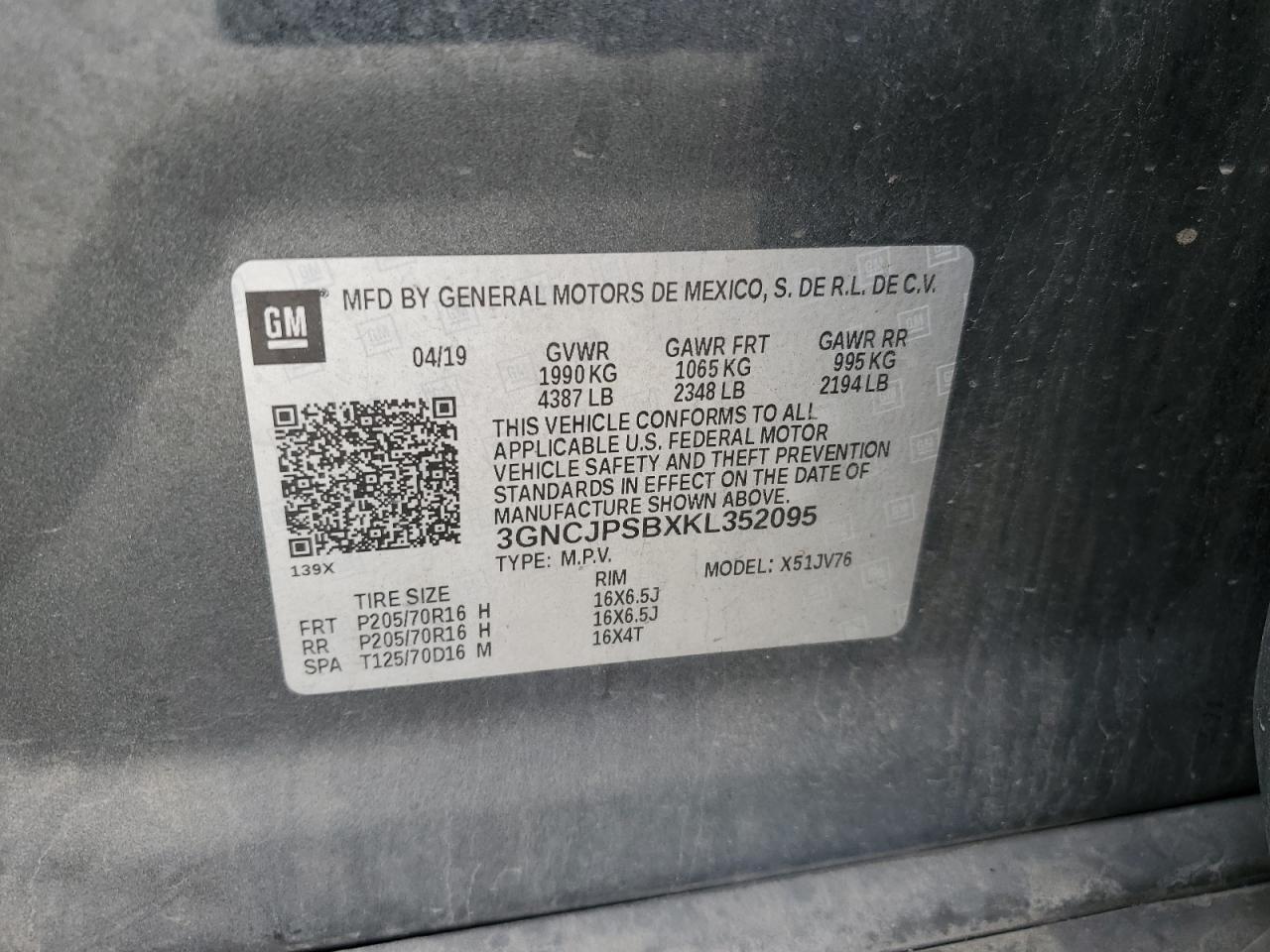 2019 Chevrolet Trax 1Lt VIN: 3GNCJPSBXKL352095 Lot: 91626495