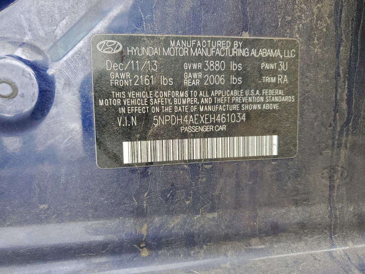 2014 Hyundai Elantra Se VIN: 5NPDH4AEXEH461034 Lot: 94191455