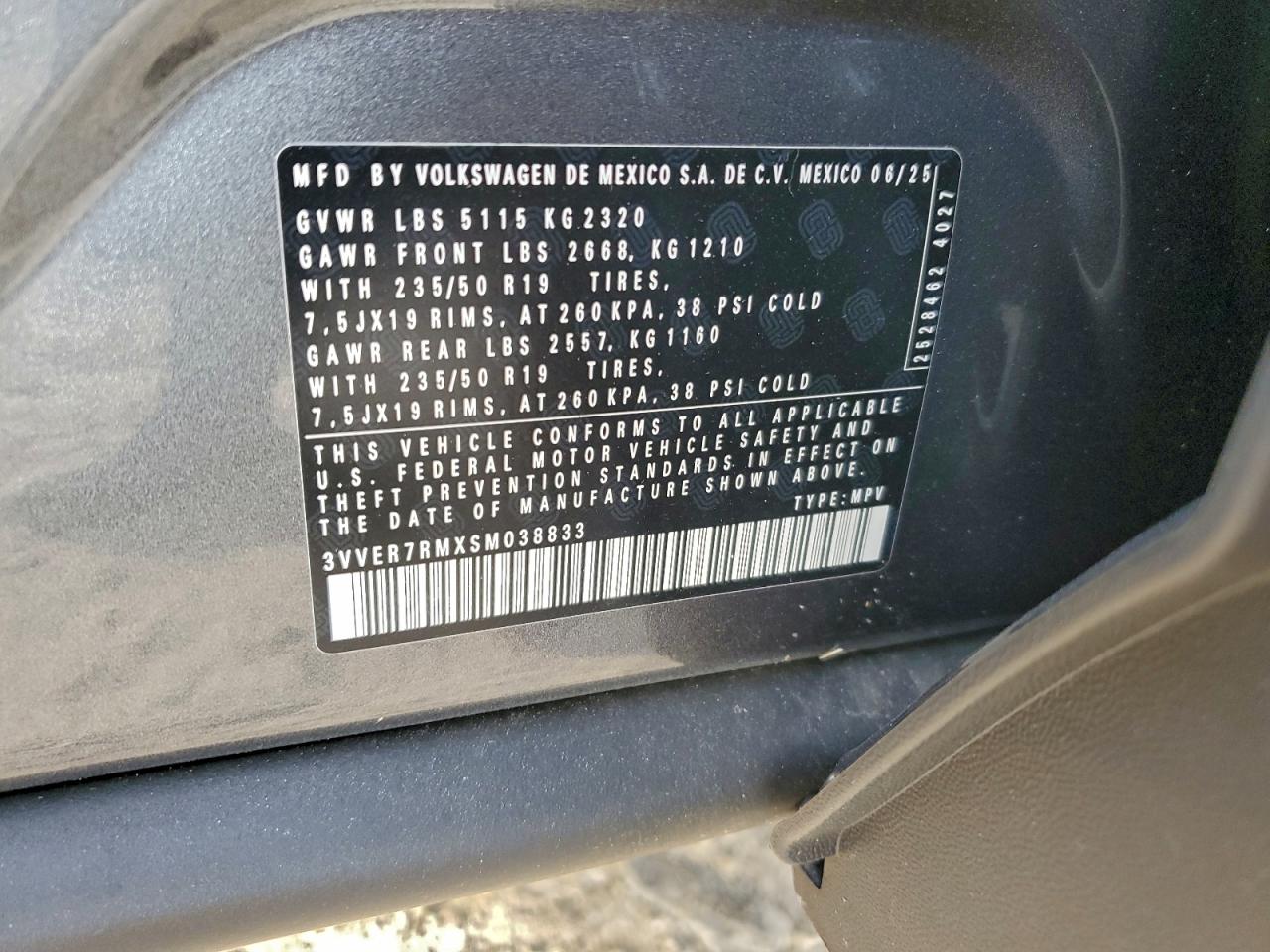 2025 Volkswagen Tiguan Se VIN: 3VVER7RMXSM038833 Lot: 93292305