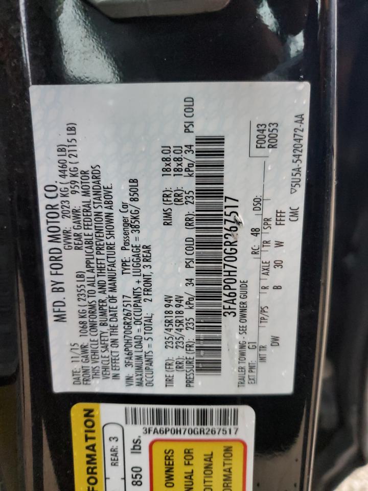 2016 Ford Fusion Se VIN: 3FA6P0H70GR267517 Lot: 91806945