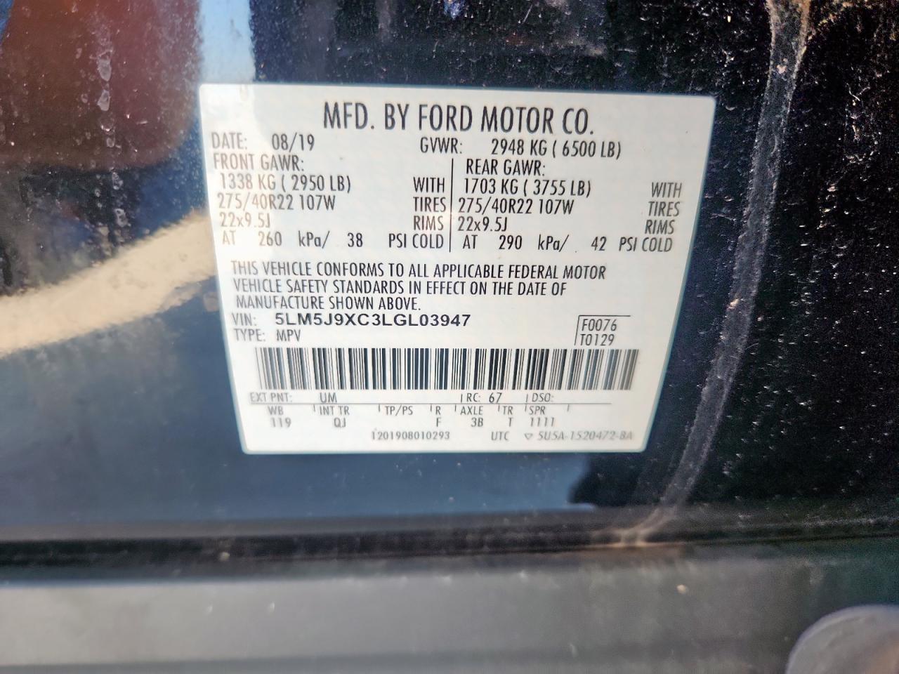 2020 Lincoln Aviator Black Label VIN: 5LM5J9XC3LGL03947 Lot: 93282265