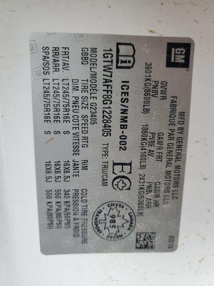 2016 GMC Savana G2500 VIN: 1GTW7AFF8G1228405 Lot: 92184555