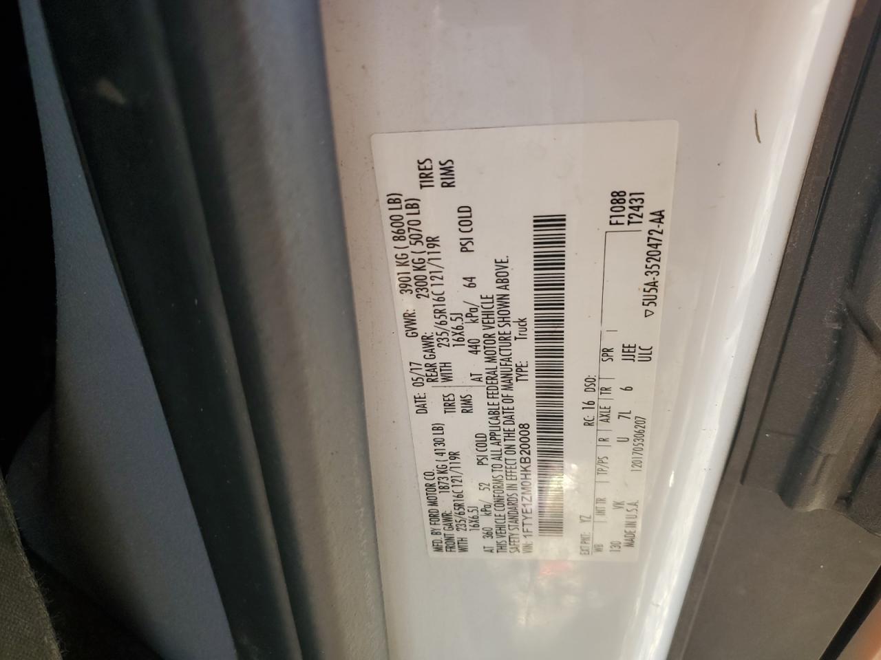 2017 Ford Transit T-150 VIN: 1FTYE1ZM0HKB20008 Lot: 91781055