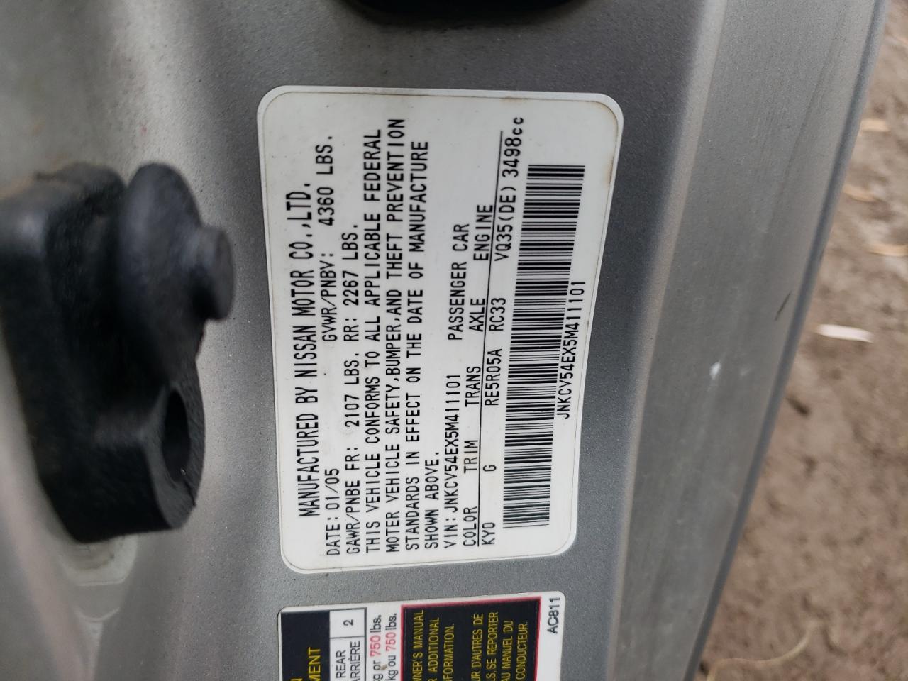 2005 Infiniti G35 VIN: JNKCV54EX5M411101 Lot: 92702305