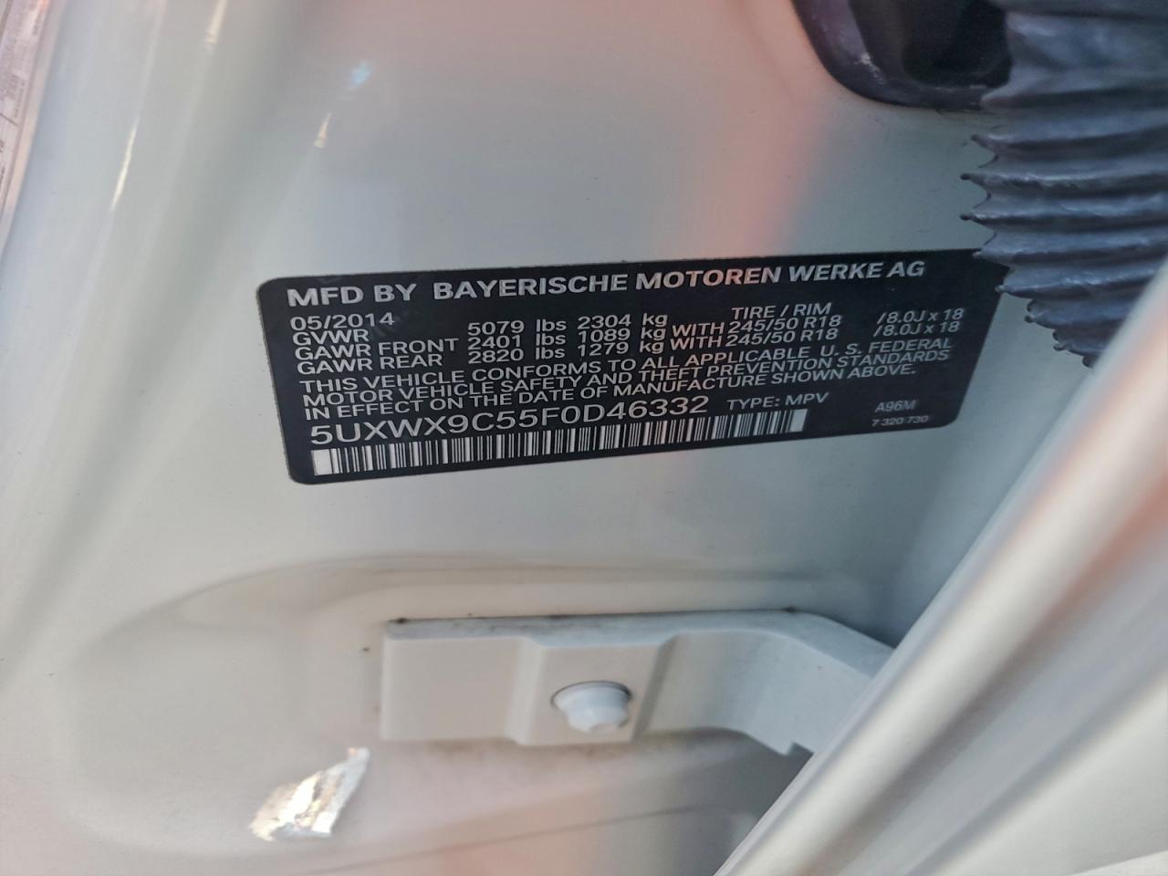 2015 BMW X3 xDrive28I VIN: 5UXWX9C55F0D46332 Lot: 93787765