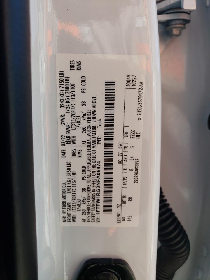 2022 Ford F150 Raptor VIN: 1FTFW1RG3NFA06474 Lot: 91711235