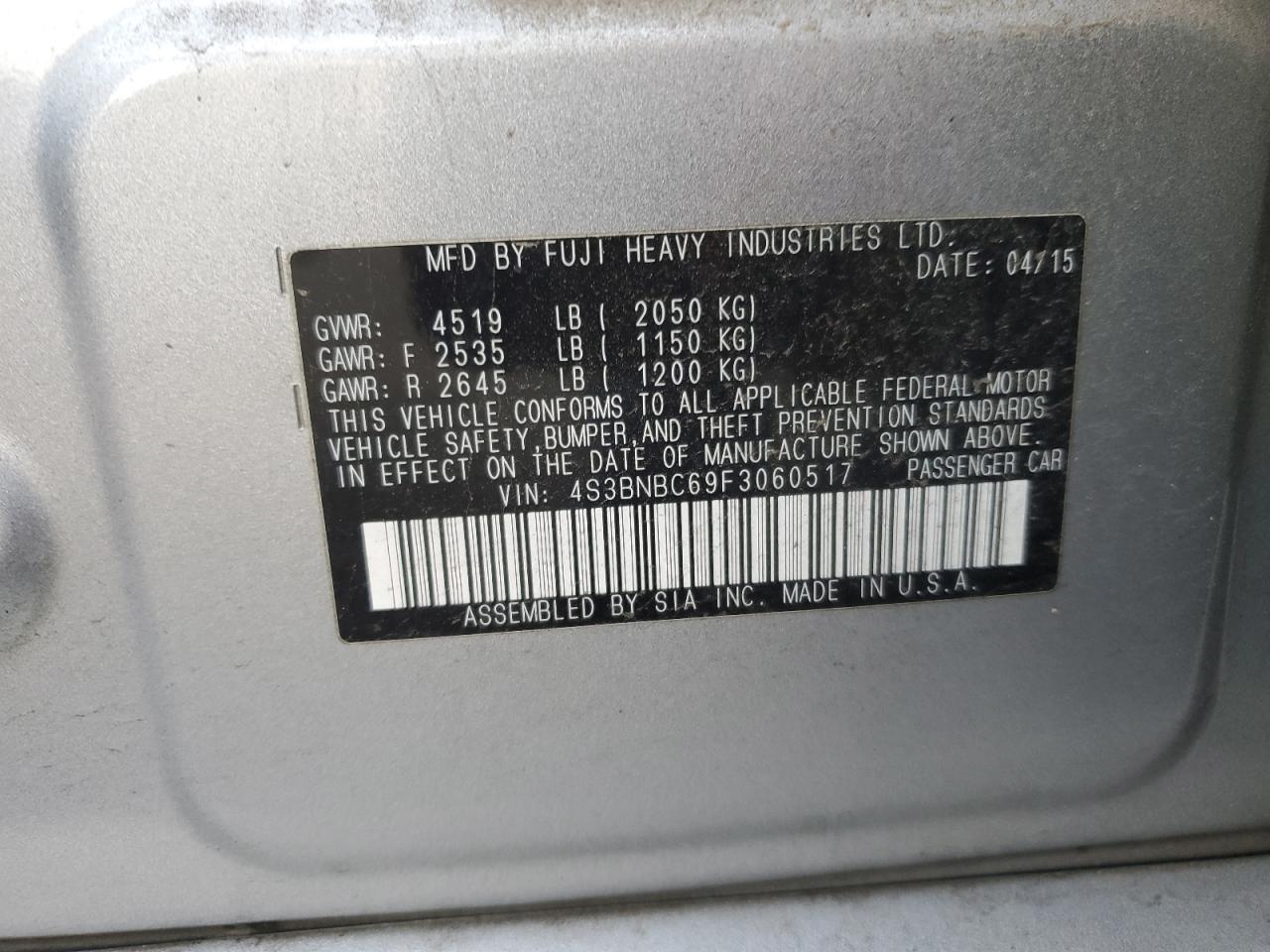 2015 Subaru Legacy 2.5I Premium VIN: 4S3BNBC69F3060517 Lot: 87313875