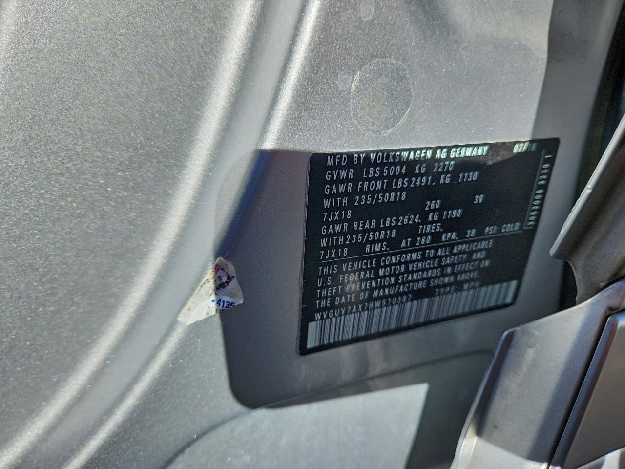 2017 Volkswagen Tiguan Sport VIN: WVGUV7AX7HW510387 Lot: 94194755