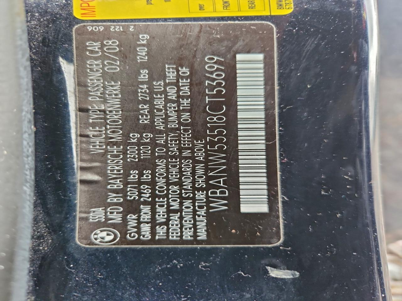 2008 BMW 550 I VIN: WBANW53518CT53699 Lot: 93591965