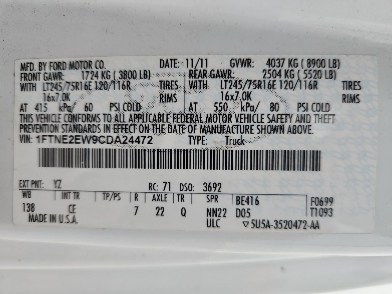 2012 Ford Econoline E250 Van VIN: 1FTNE2EW9CDA24472 Lot: 93769415