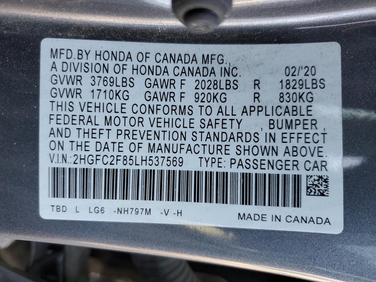 2020 Honda Civic Sport VIN: 2HGFC2F85LH537569 Lot: 91811125
