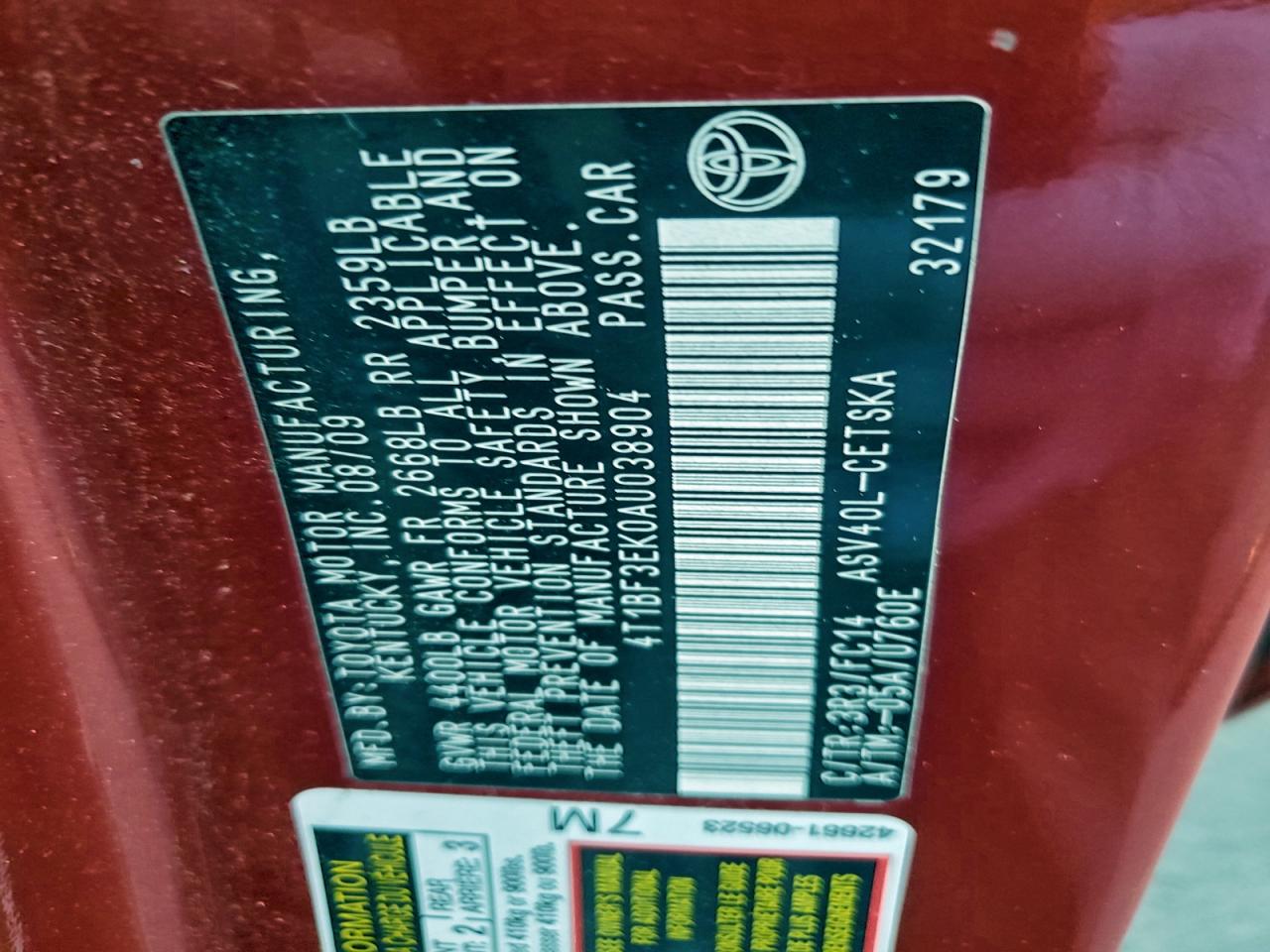 2010 Toyota Camry Base VIN: 4T1BF3EK0AU038904 Lot: 94318795