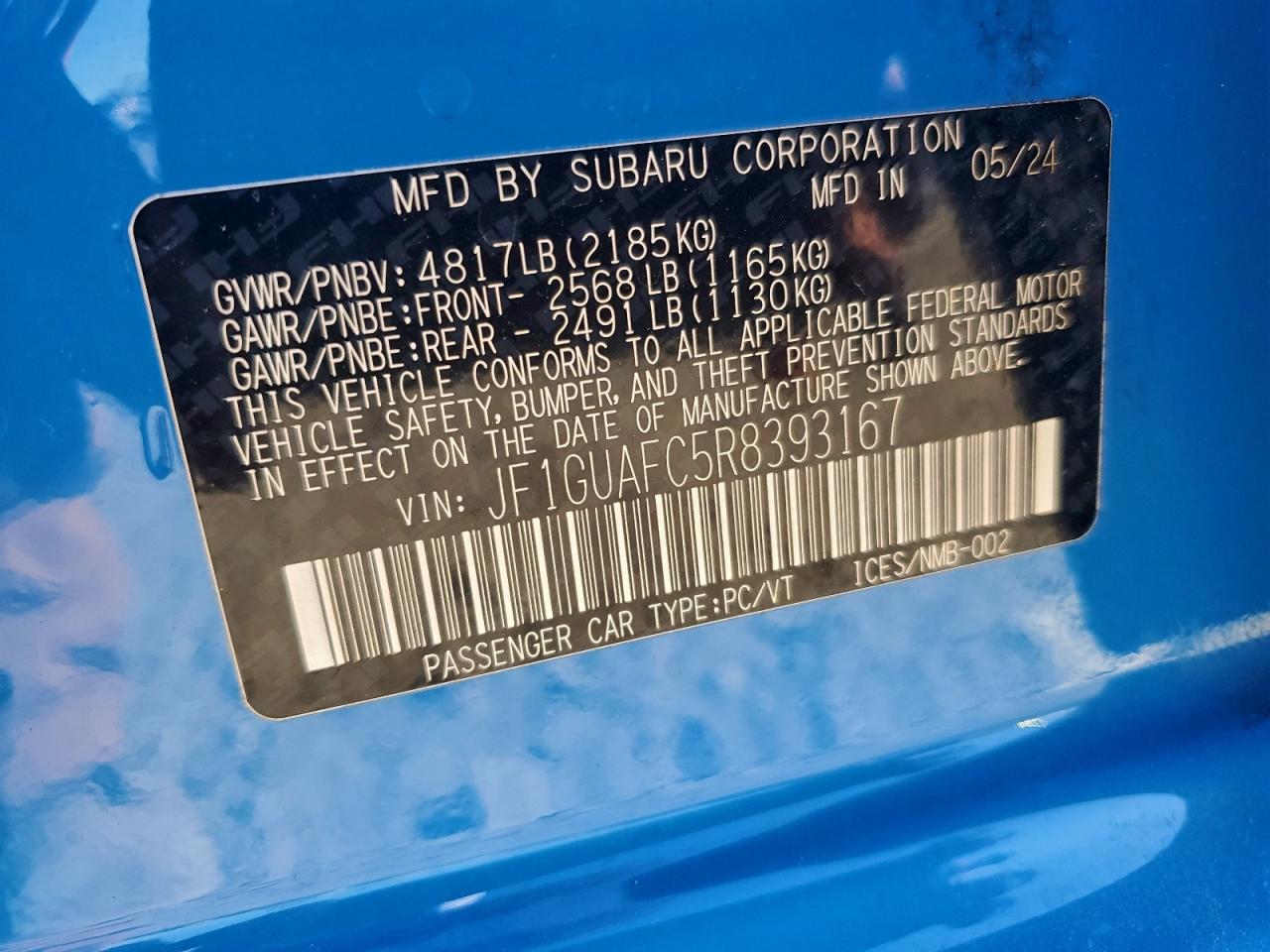 2024 Subaru Impreza Sport VIN: JF1GUAFC5R8393167 Lot: 94542705