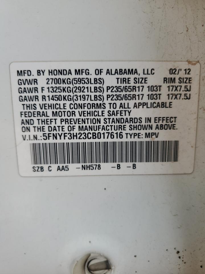 2012 Honda Pilot Lx VIN: 5FNYF3H23CB017616 Lot: 92758635