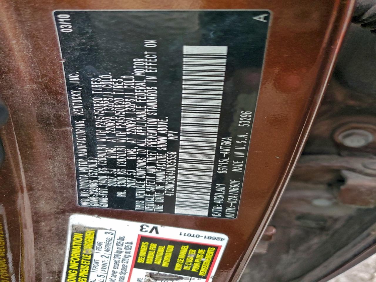 2010 Toyota Venza VIN: 4T3BK3BB4AU035558 Lot: 93964365