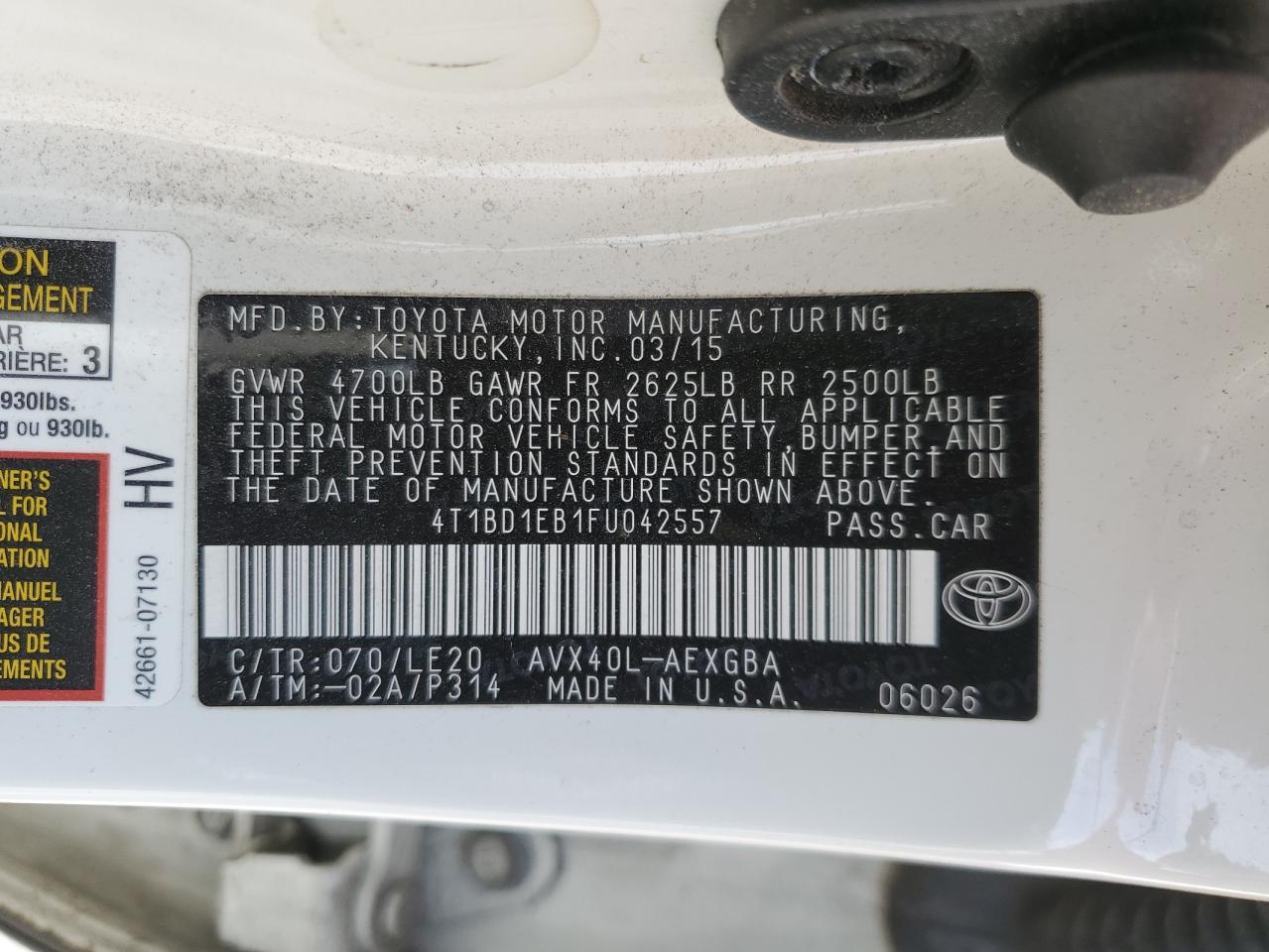 2015 Toyota Avalon Hybrid VIN: 4T1BD1EB1FU042557 Lot: 91318165