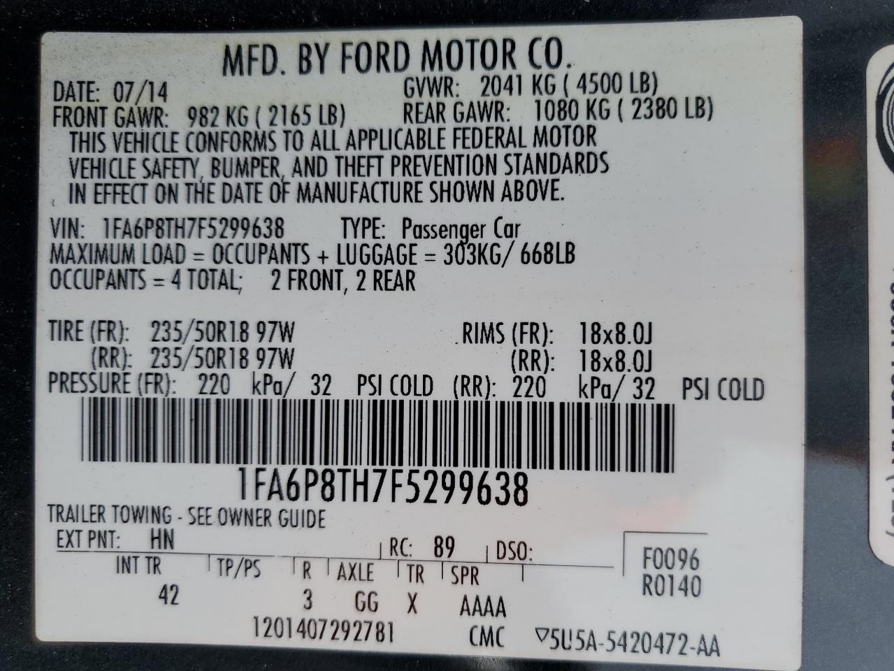 2015 Ford Mustang VIN: 1FA6P8TH7F5299638 Lot: 93172905