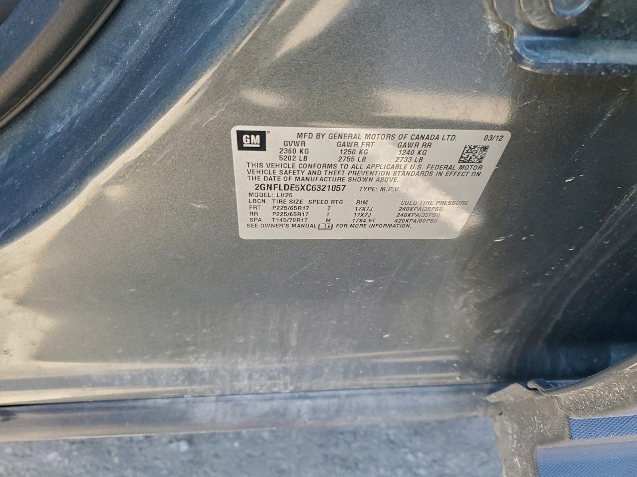 2012 Chevrolet Equinox Lt VIN: 2GNFLDE5XC6321057 Lot: 94483795