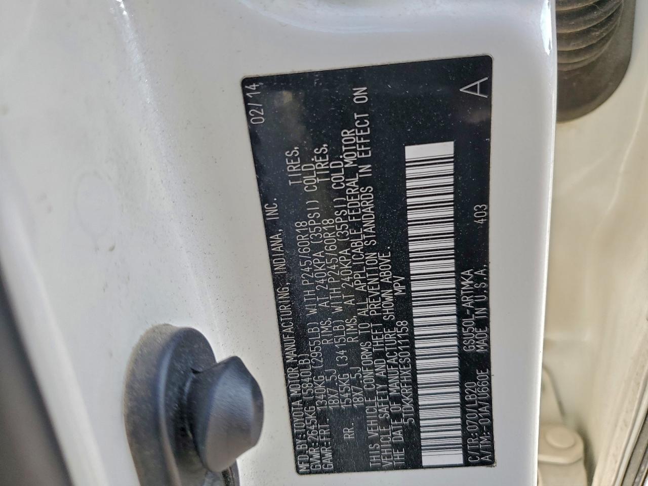 2014 Toyota Highlander Xle VIN: 5TDKKRFHXES011158 Lot: 94123285