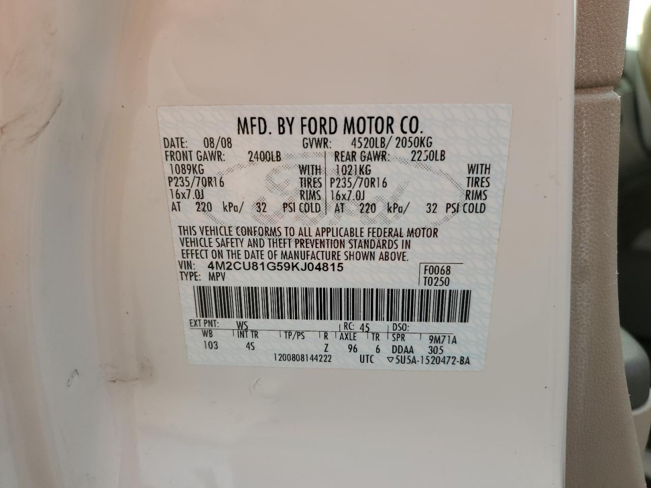 2009 Mercury Mariner VIN: 4M2CU81G59KJ04815 Lot: 91730635