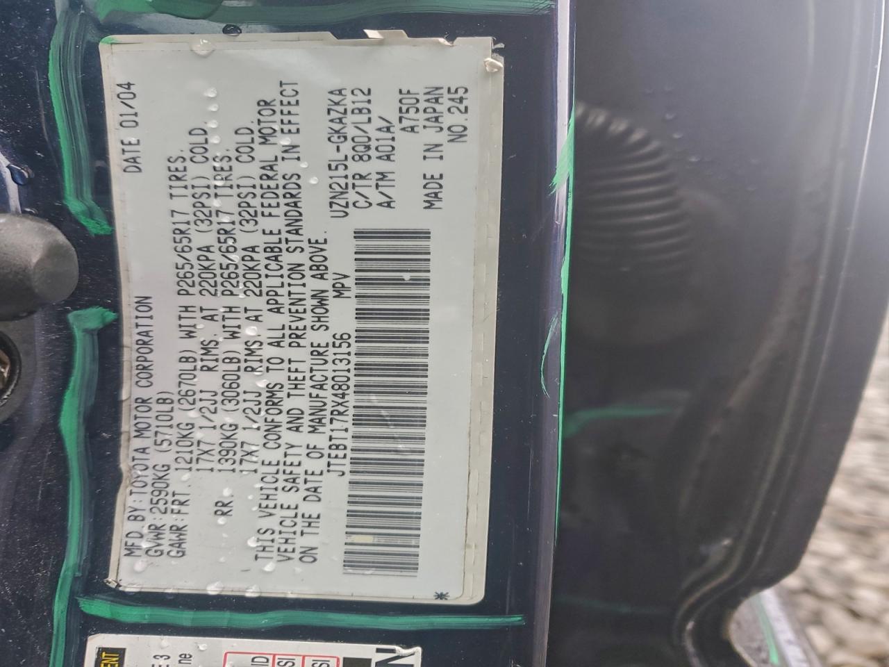 2004 Toyota 4Runner Limited VIN: JTEBT17RX48013156 Lot: 94658725