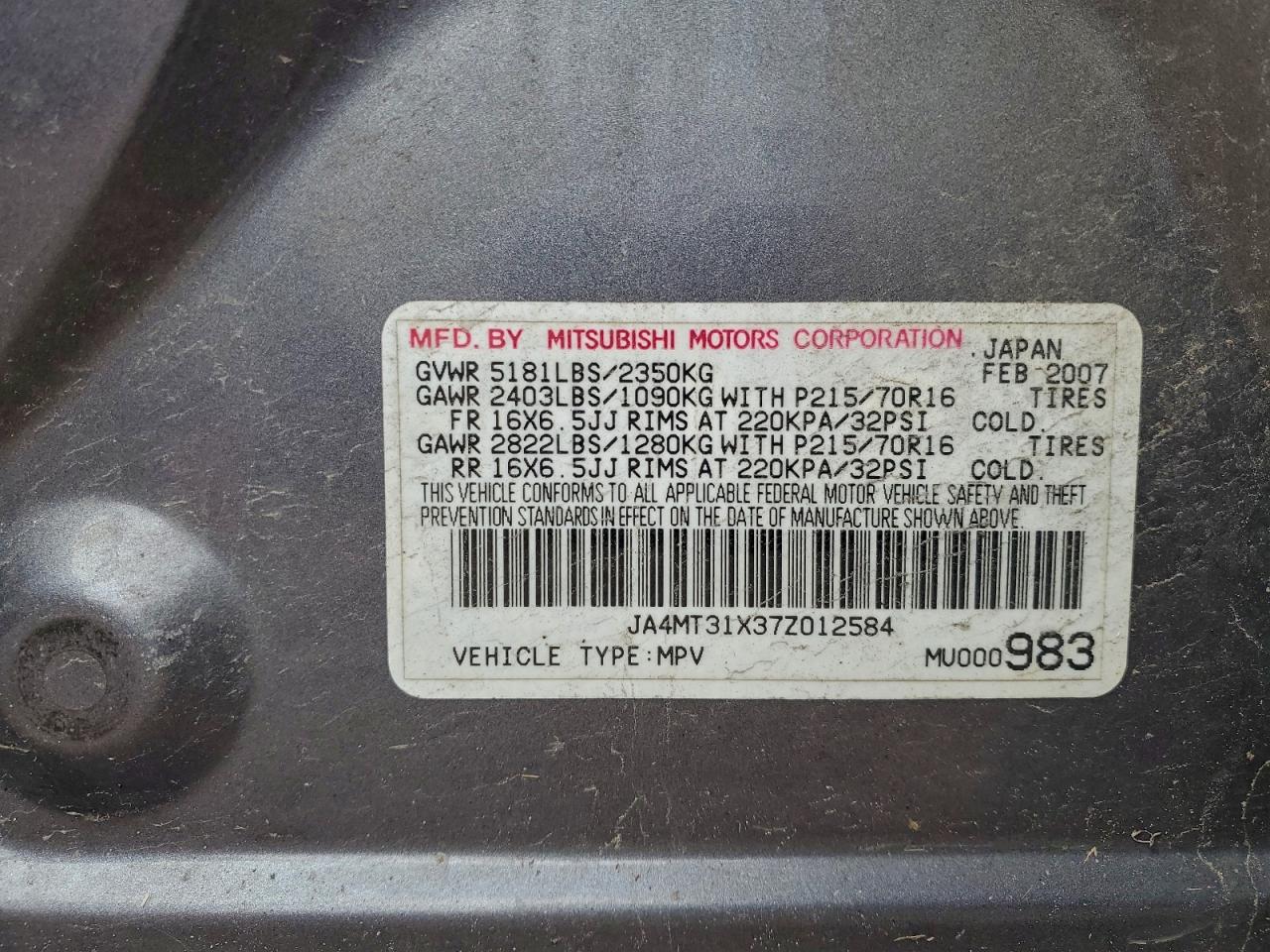 2007 Mitsubishi Outlander Ls VIN: JA4MT31X37Z012584 Lot: 93912425