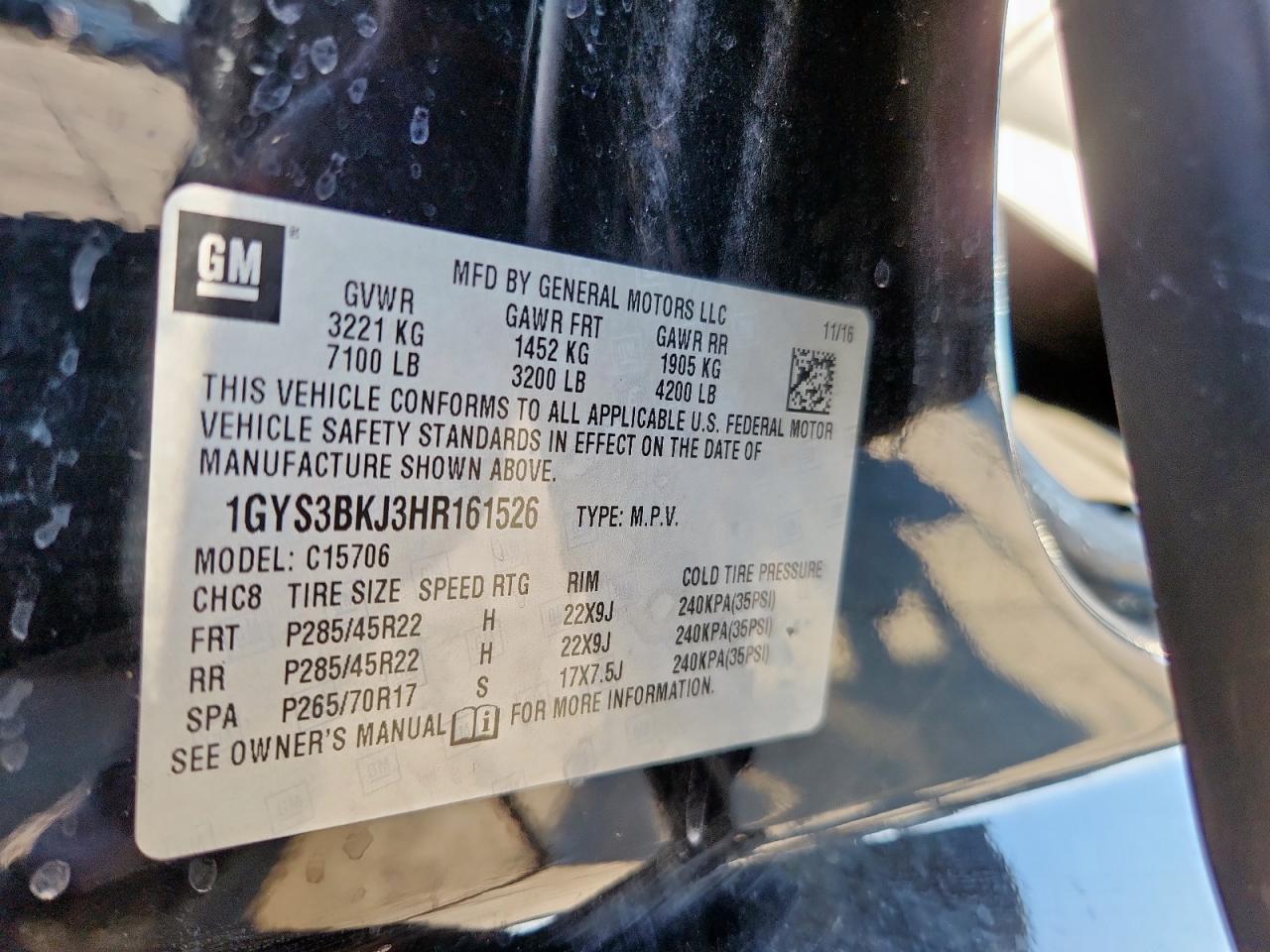 2017 Cadillac Escalade Luxury VIN: 1GYS3BKJ3HR161526 Lot: 92436595