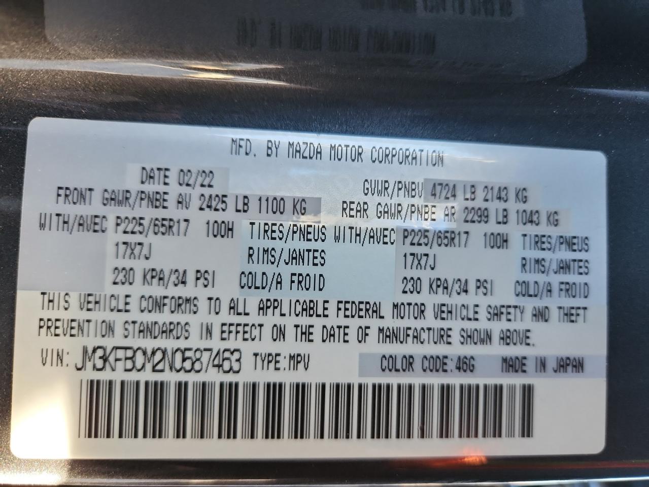 2022 Mazda Cx-5 Preferred VIN: JM3KFBCM2N0587463 Lot: 91115255