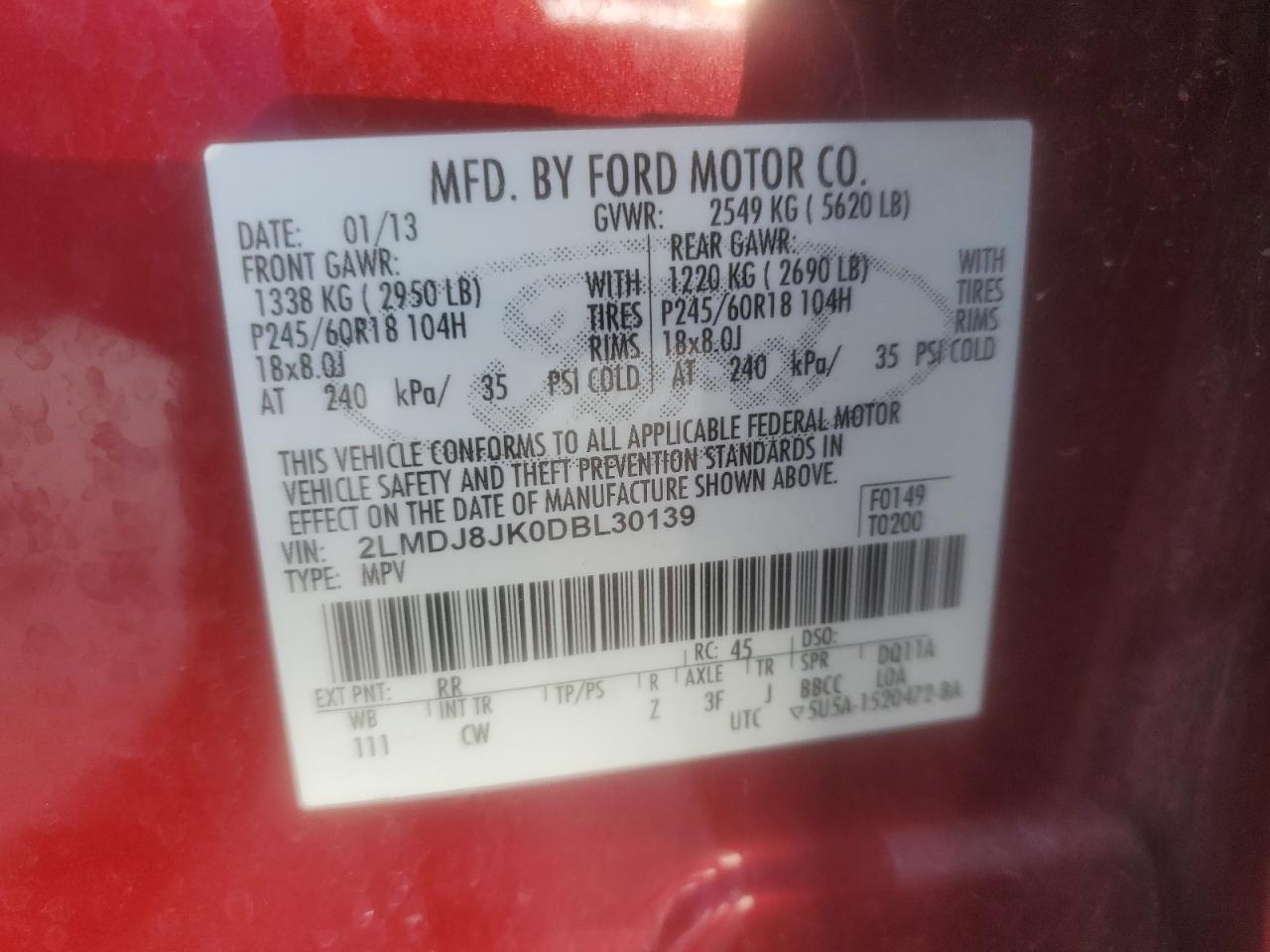 2013 Lincoln Mkx VIN: 2LMDJ8JK0DBL30139 Lot: 92646725