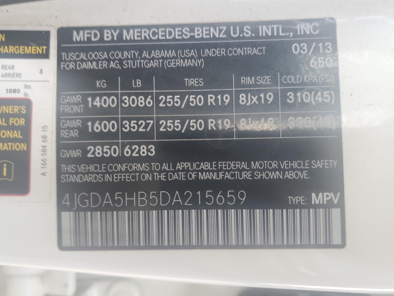 2013 Mercedes-Benz Ml 350 4Matic VIN: 4JGDA5HB5DA215659 Lot: 91793655