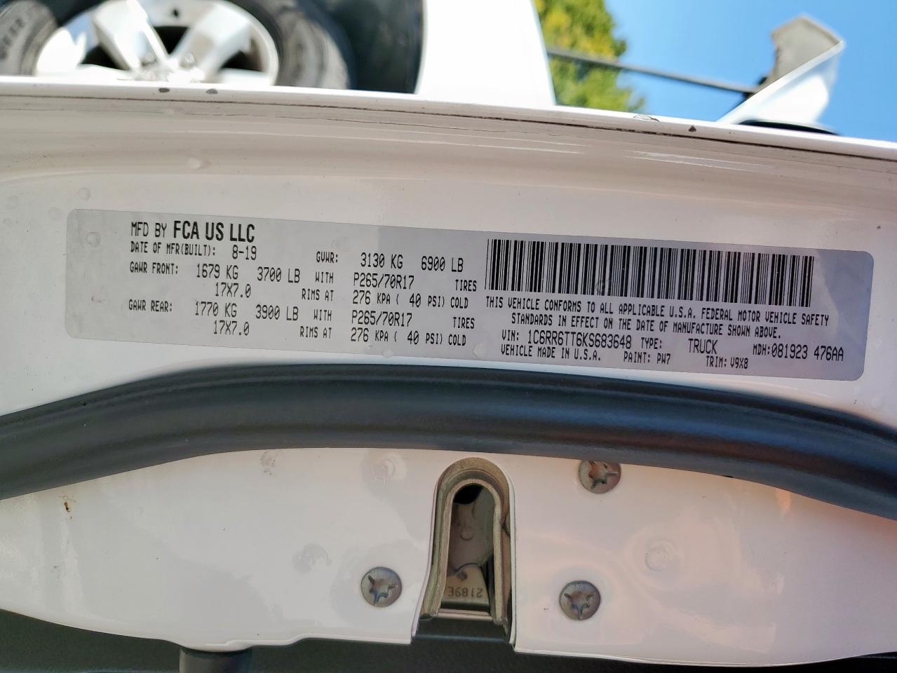 2019 Ram 1500 Classic Slt VIN: 1C6RR6TT6KS683648 Lot: 91086095