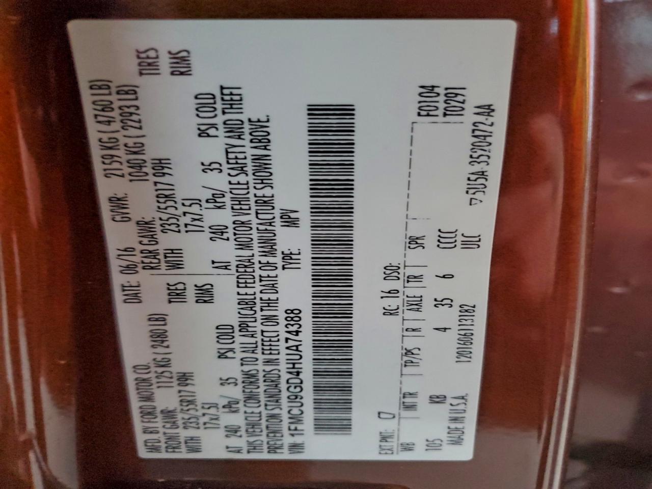 2017 Ford Escape Se VIN: 1FMCU9GD4HUA74388 Lot: 93554675