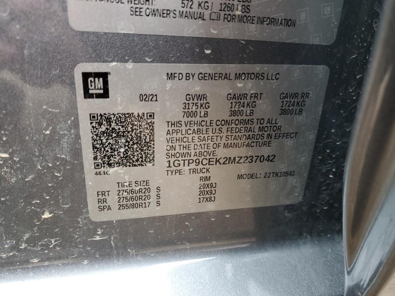 2021 GMC Sierra K1500 Elevation VIN: 1GTP9CEK2MZ237042 Lot: 92993625