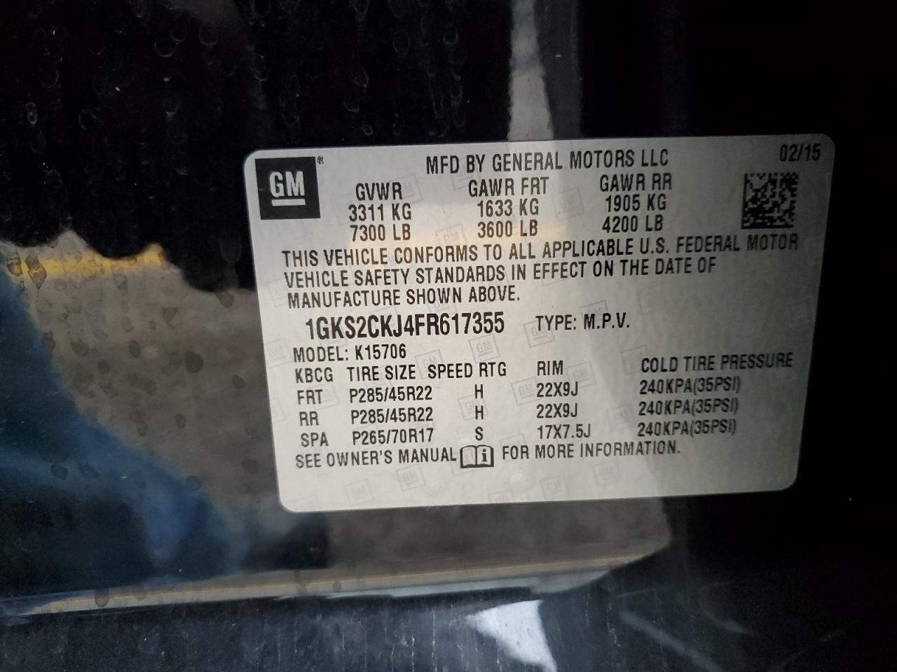 2015 GMC Yukon Denali VIN: 1GKS2CKJ4FR617355 Lot: 92206335