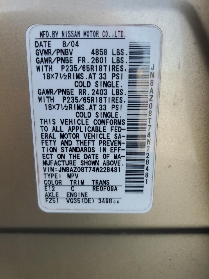 2004 Nissan Murano Sl VIN: JN8AZ08T74W228481 Lot: 92217345