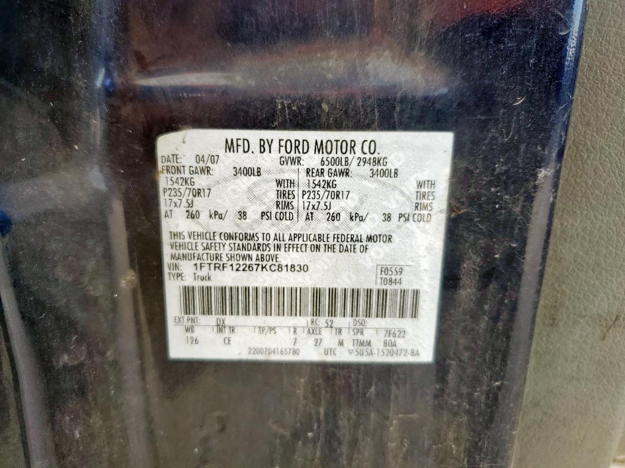 2007 Ford F150 VIN: 1FTRF12267KC81830 Lot: 93120065