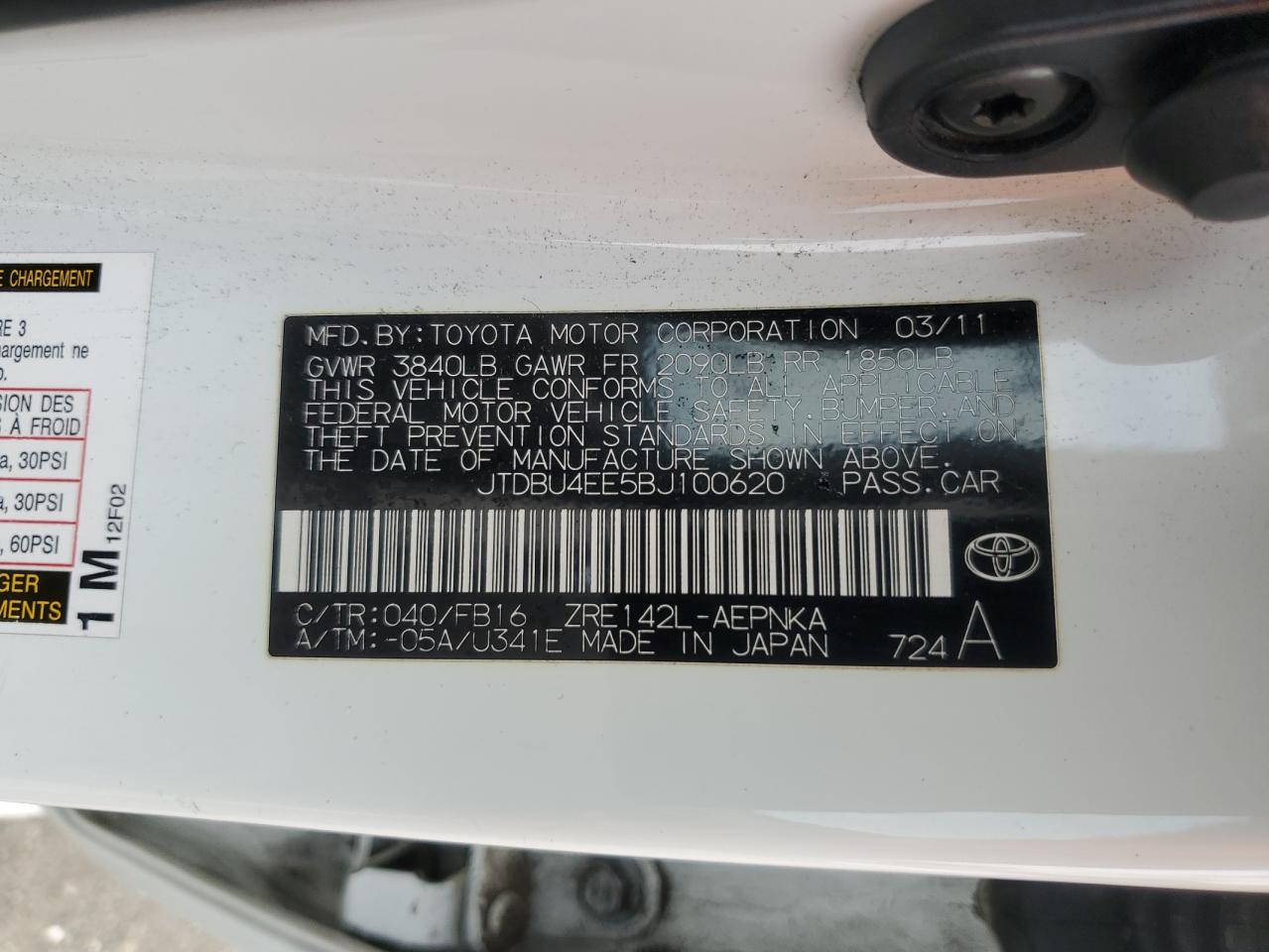 2011 Toyota Corolla Base VIN: JTDBU4EE5BJ100620 Lot: 92657785