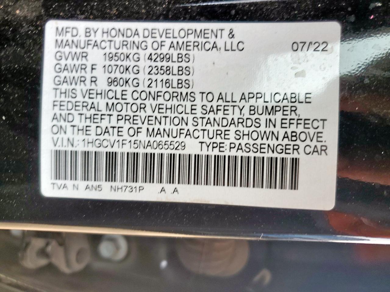 2022 Honda Accord Lx VIN: 1HGCV1F15NA065529 Lot: 93427215