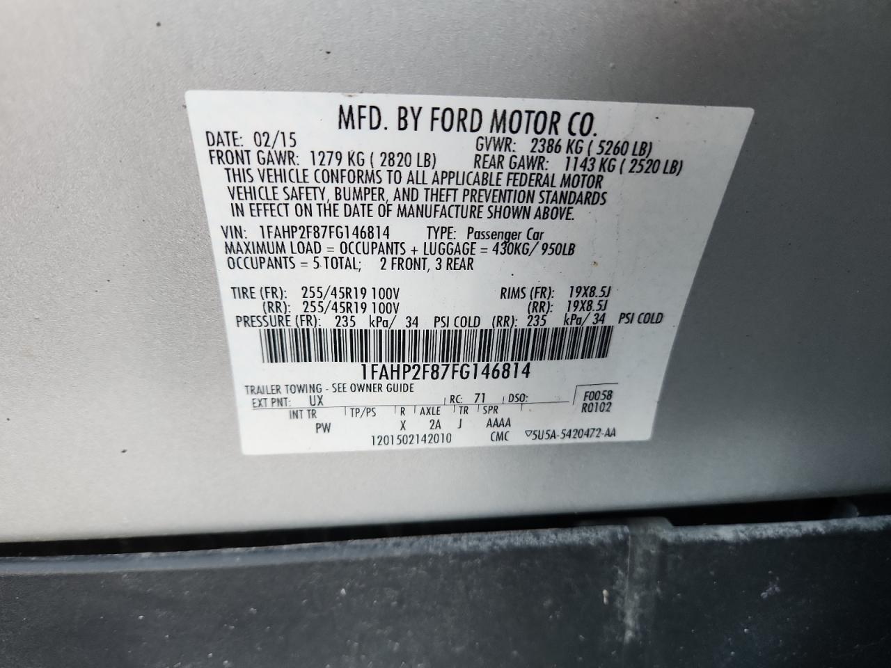 2015 Ford Taurus Limited VIN: 1FAHP2F87FG146814 Lot: 92645525