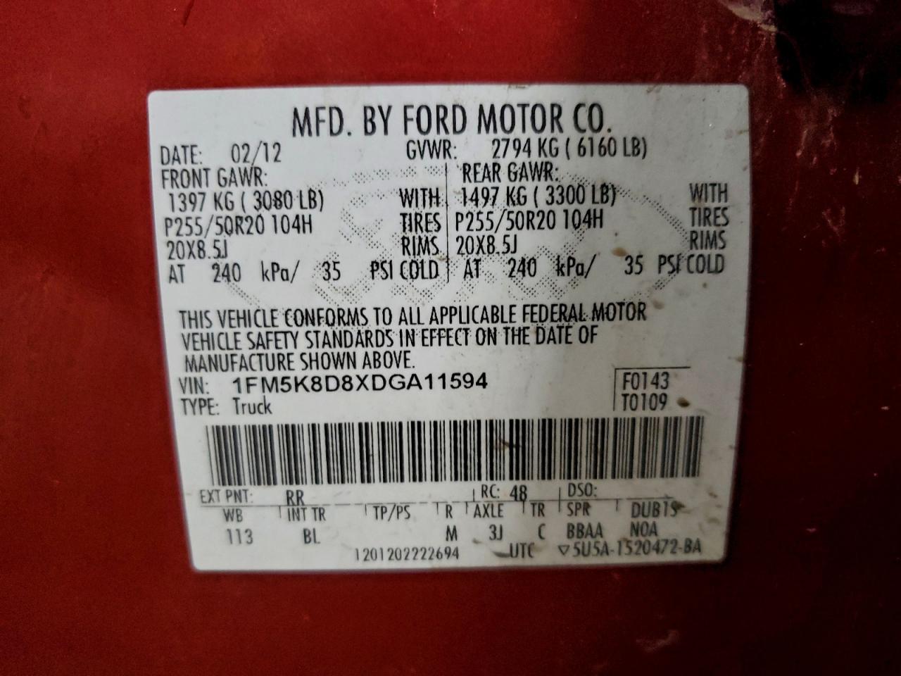 2013 Ford Explorer Xlt VIN: 1FM5K8D8XDGA11594 Lot: 94353535