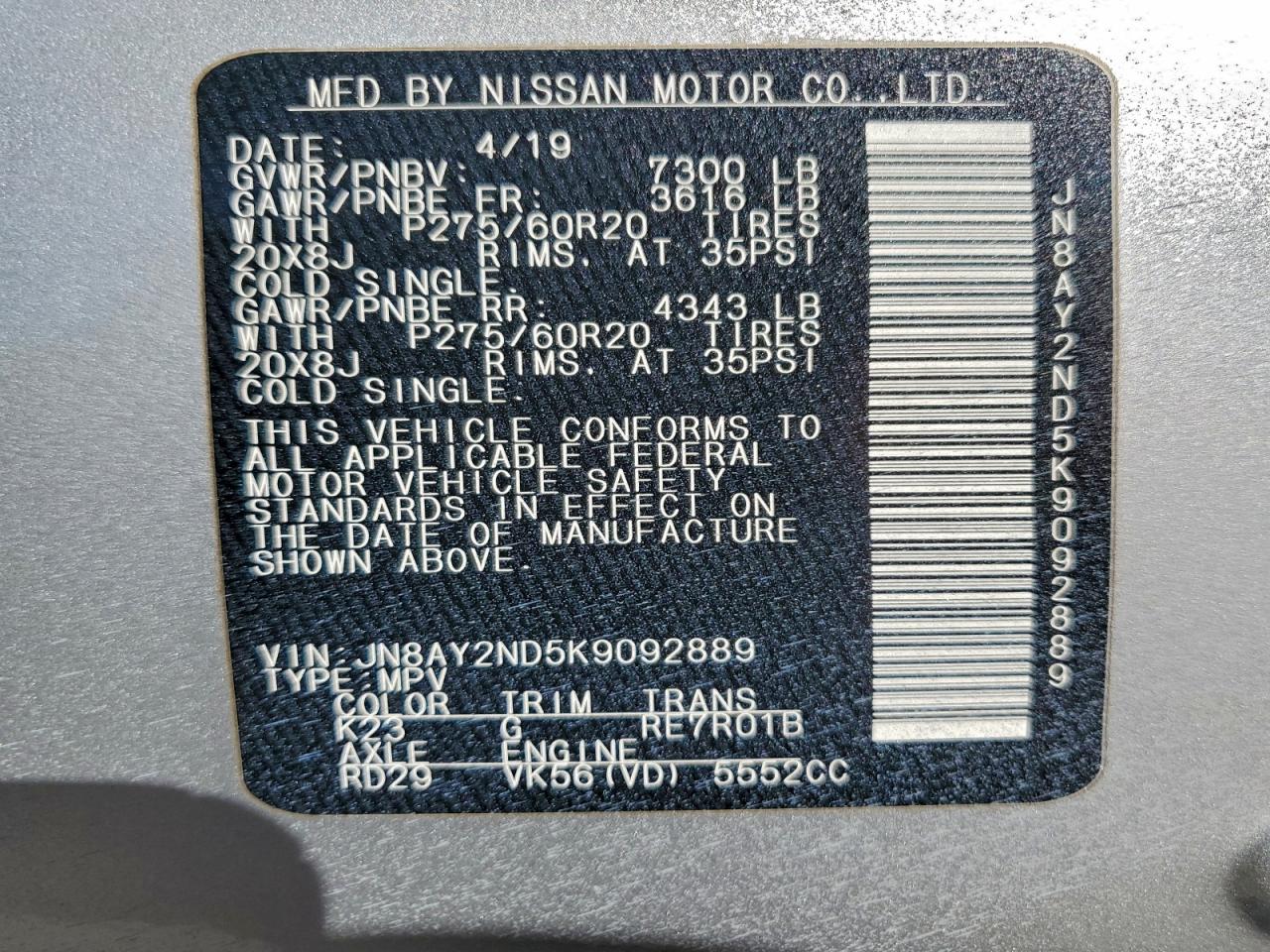 2019 Nissan Armada Sv VIN: JN8AY2ND5K9092889 Lot: 85436415