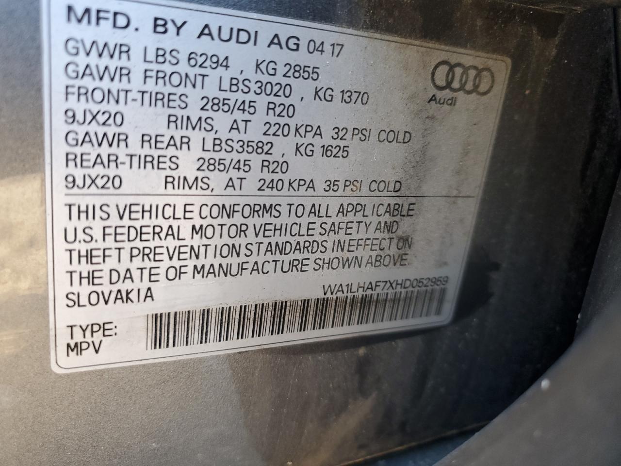 2017 Audi Q7 Premium Plus VIN: WA1LHAF7XHD052959 Lot: 91430385