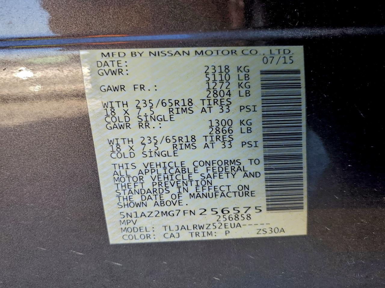 2015 Nissan Murano S VIN: 5N1AZ2MG7FN256575 Lot: 93912085