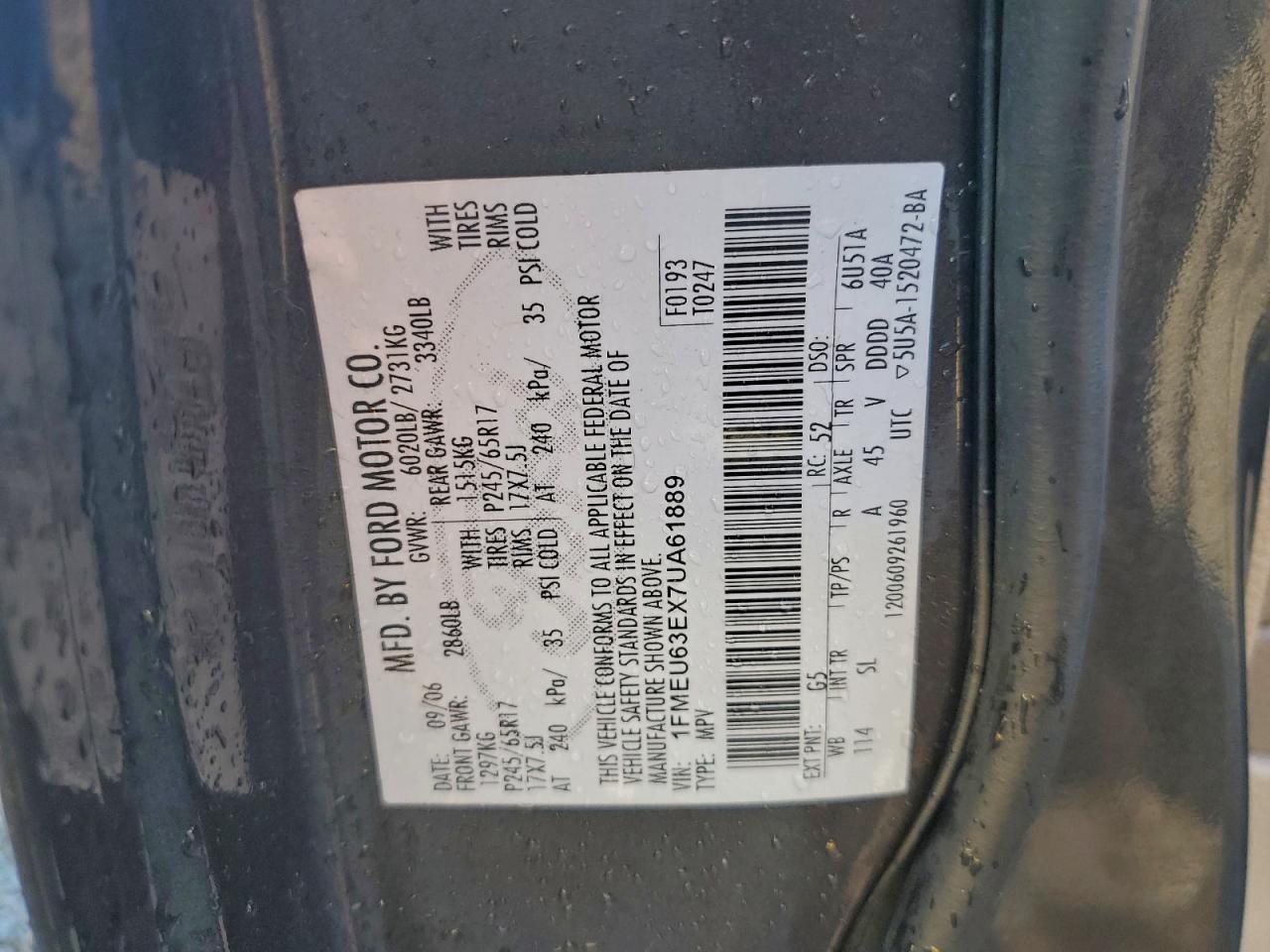 2007 Ford Explorer Xlt VIN: 1FMEU63EX7UA61889 Lot: 94433735